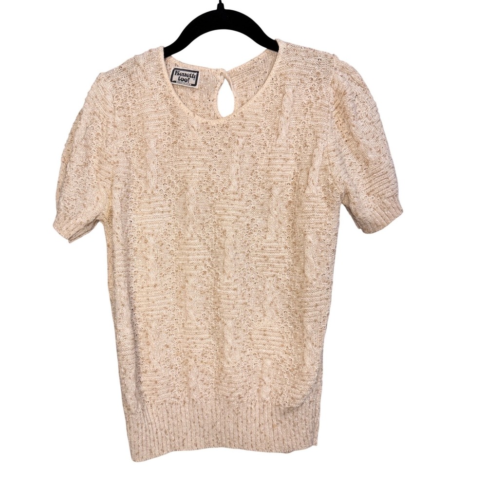 Kenneth Too! Knit Sweater Top Cream Cable Knit Short Sleeve Keyhole Back Size M